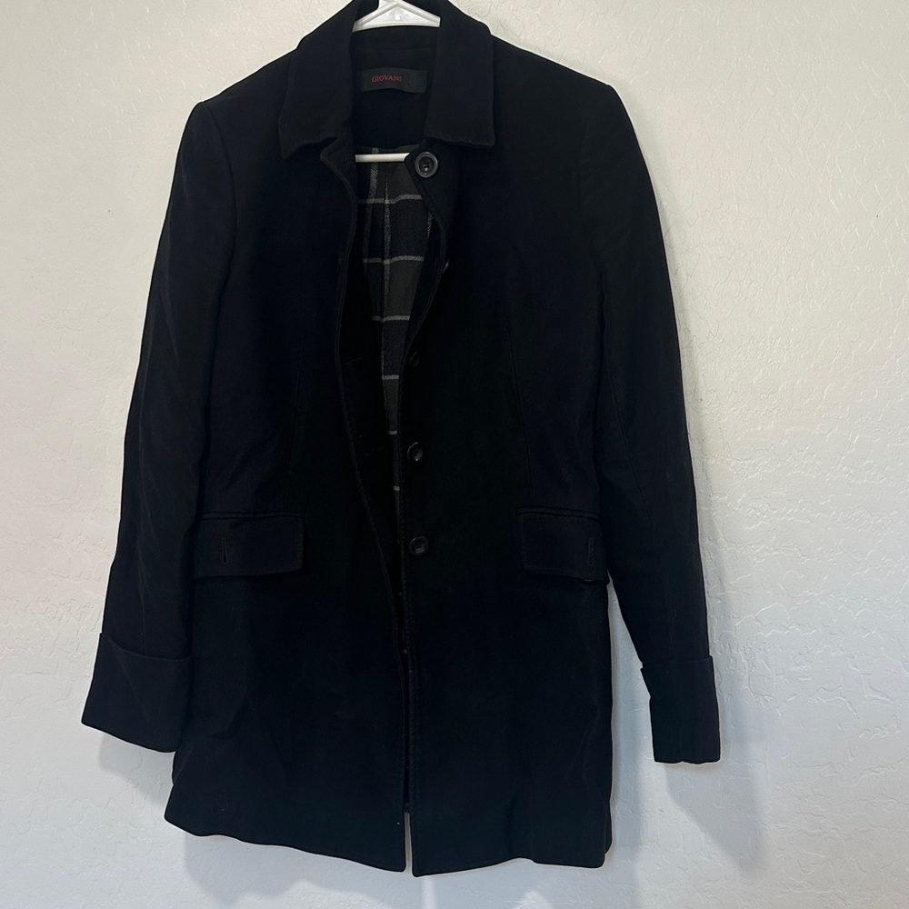 Giovani womens Black Coat medium pockets button up shell 100% cotton outer wool